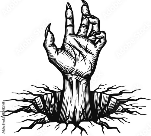 Zombie hand rising from cracked ground illustration horror undead arm, claw gesture, horror halloween concept