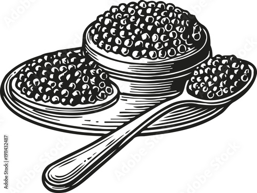 Black caviar in bowl with spoon and plate gourmet delicacy seafood luxury food concept illustration