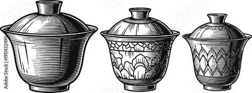 Three antique ceramic jars with lids, intricate patterns and vintage design, hand drawn illustration