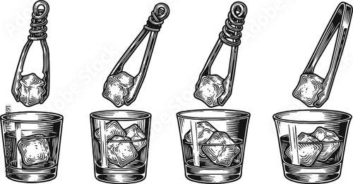 Whiskey glass with ice cubes and tongs in vintage hand drawn