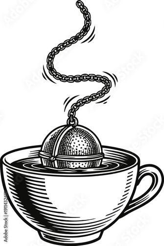 Tea infuser ball in cup with chain steeping loose leaf beverage illustration