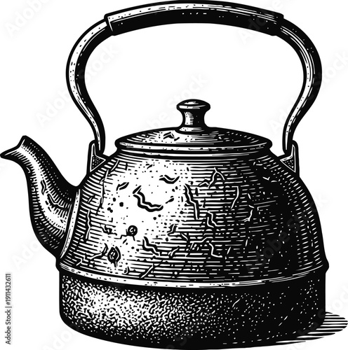 Vintage cast iron kettle with handle and spout, detailed engraved metalwork illustration