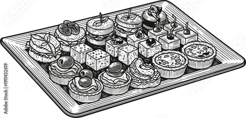 assorted canape platter with savory snacks and appetizers on a rectangular tray illustration