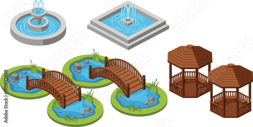 Vector illustration set of isometric garden landscape elements featuring decorative water fountains wooden bridges over small ponds and garden gazebo structures for park design