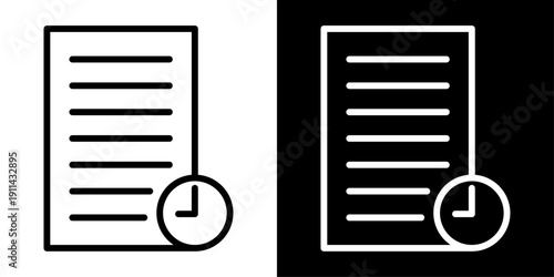Transaction history line icon featuring document and clock symbol, representing payment records, banking history, financial statements, account activity, fintech and mobile banking apps.