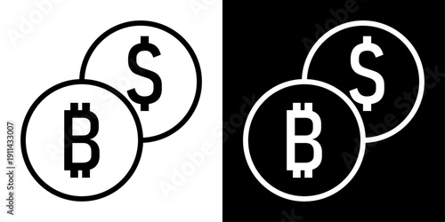 Cryptocurrency icon with Bitcoin and dollar coins representing digital currency, blockchain technology, crypto trading and online finance.