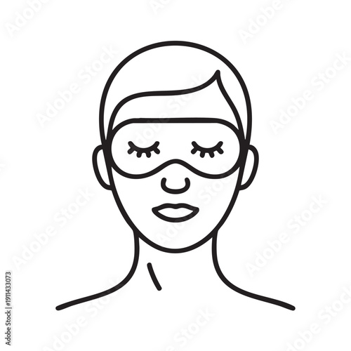 A serene woman wearing a sleep mask is depicted in a simple line drawing from a front viewpoint in a minimalist style illustration