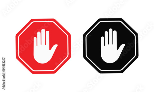 Red stop hand block octagon sign PNG isolated, adblock do not enter forbidden icon vector illustration EPS