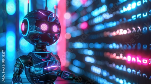 A robotic assistant guiding visitors through a futuristic museum exhibit with interactive displays.