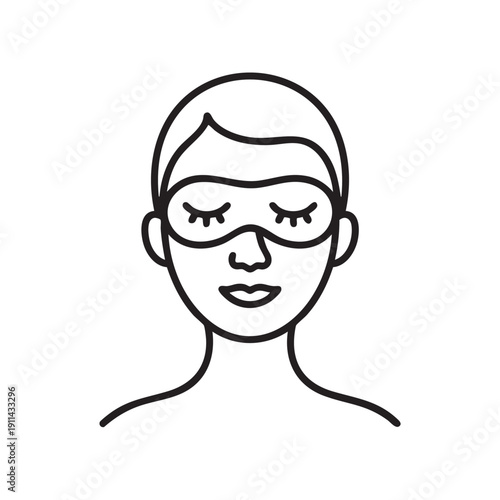 A serene woman wearing a face mask, relaxing with her eyes closed, enjoying a tranquil spa treatment, illustrated in a simple line art style, viewed from the front.