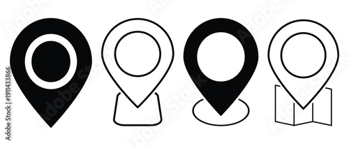 Flat style black location pin set are used in location tag, graphic design and data points on digital and paper maps.