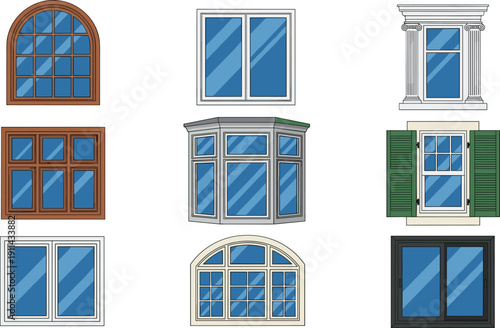 Vector illustration set of diverse window styles including arched wooden frames modern double pane glass bay windows and classic shutters for architectural house design