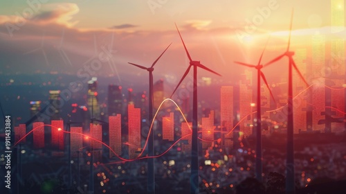 Abstract double exposure of wind turbines and a financial graph with a line chart, with a background of a city sunset sky landscape at 