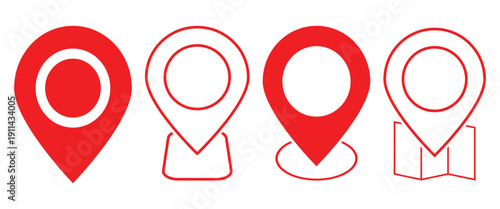 Set of vector red location pin icons isolated on a white background. Map pointer symbol for Digital Mapping and geographic locations on maps.