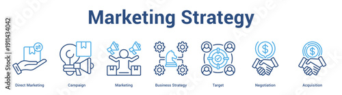 Marketing Strategy web banner icon set vector illustration concept for business with icon of Direct Marketing, Campaign, Marketing, Business Strategy, Targ.