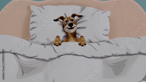Animated dog character experiences a humorous awakening, transitioning from surprise to relaxation in a cozy bed, capturing the essence of a playful morning routine