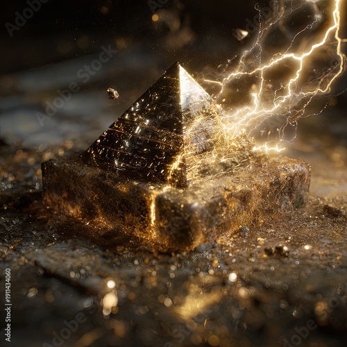 Clear crystal pyramid emitting light beams in foggy atmosphere