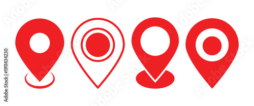 Set of vector red location pin icons isolated on a white background. Map pointer symbol for Digital Mapping and geographic locations on maps.