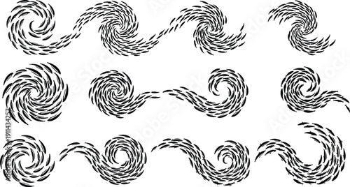 Abstract spiral wave shapes collection, black swirling motion elements illustration set, dynamic vortex flow patterns, isolated modern geometric design graphics