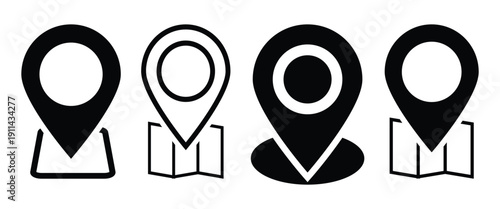 Flat style black location pin set are used in location tag, graphic design and data points on digital and paper maps.