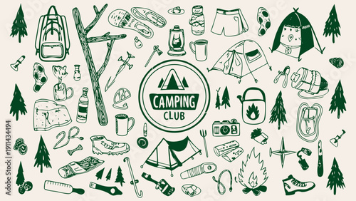 A camping-themed doodle banner illustration in a hand-drawn sketch style, vector illustration.
