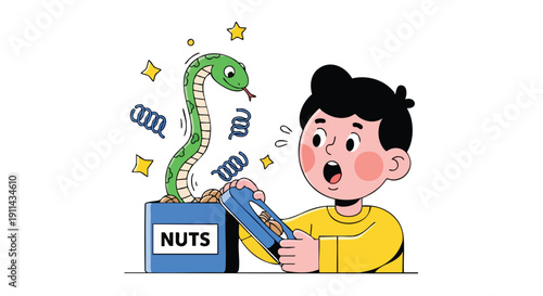 Surprised boy opens a nut box revealing a jumping snake toy.