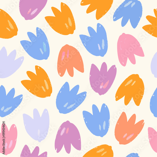Spring easter pattern. Childish cute wax crayon hand drawn decoration for kindergarten and preschool children, vector illustration