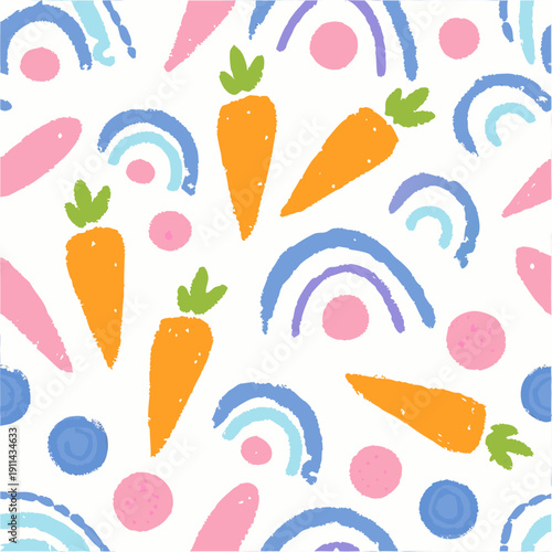 Spring easter pattern. Childish cute wax crayon hand drawn decoration for kindergarten and preschool children, vector illustration