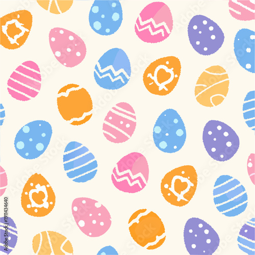 Spring easter pattern. Childish cute wax crayon hand drawn decoration for kindergarten and preschool children, vector illustration