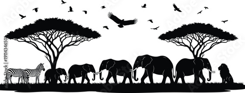 African safari wildlife silhouette featuring elephants zebras lion acacia trees and flying birds in savanna landscape vector illustration
