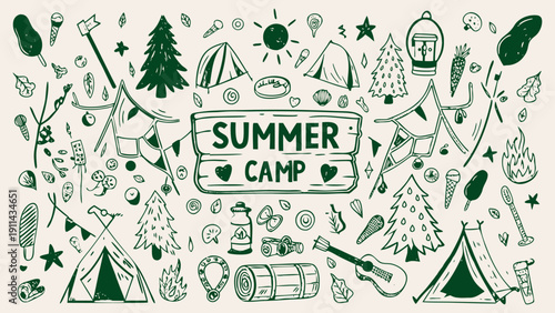 Summer Camp Theme doodle banner illustration in a hand-drawn sketch style, vector illustration.