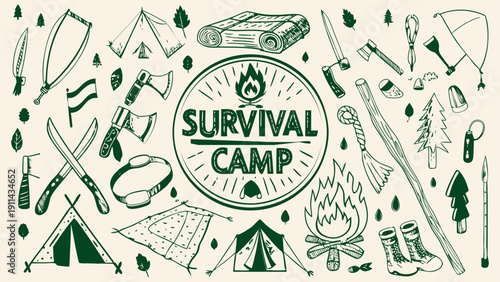 Survival Theme doodle banner illustration in a hand-drawn sketch style, vector illustration.