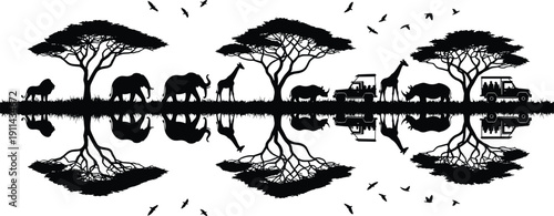 African safari wildlife silhouettes reflection scene, elephants giraffes and rhinos under acacia trees illustration, isolated nature travel conservation design