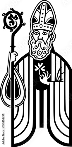 black and white graphic illustration of Saint Patrick. the patron saint of Ireland in traditional vestments and a miter, holding a pastoral staff (crosier) topped with a shamrock and holding a clover