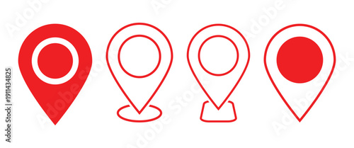 Location pointer icon set. Red map pins set. Location symbols collection for pinpointing locations, sharing locations via app and Used in mapping software. EPS 10.