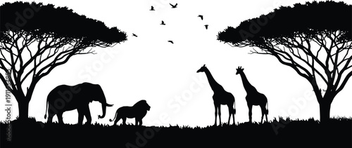 African safari wildlife silhouettes, elephants lions and giraffes under acacia trees illustration, isolated savanna landscape, nature travel design elements