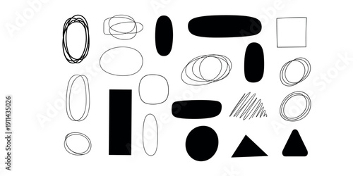 Black and white geometric shapes collection ovals circles  in white background