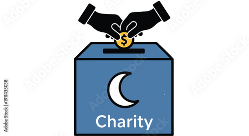 A hand putting a coin into a charity box with a crescent moon