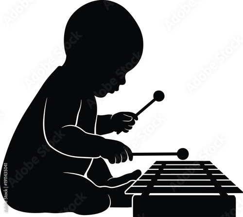 Baby silhouette playing xylophone featuring infant musical exploration early learning and childhood creativity isolated on white background minimal vector illustration