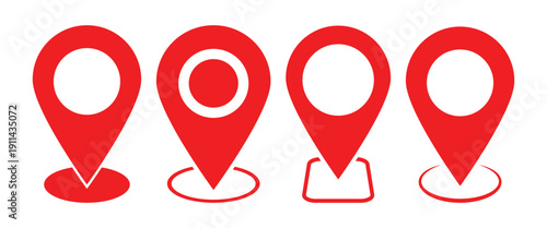 Location pointer icon set. Red map pins set. Location symbols collection for pinpointing locations, sharing locations via app and Used in mapping software. EPS 10.