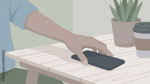 Man reaching smartphone on wooden table with coffee cup and plant. Digital communication and modern gadget lifestyle illustration.