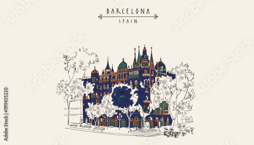 Barcelona Spain city skyline vector illustration hand drawn sketch with colored trees and historic architecture isolated on white background for travel design