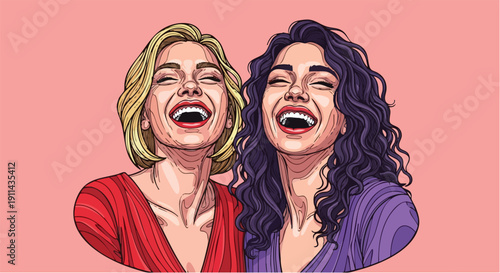 Two happy women laughing together with joy and delight.