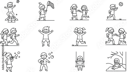 Set of black and white line art vector icons featuring happy children playing outdoors jumping running blowing bubbles and swinging for educational design