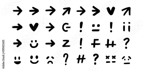 Black brush stroke alphabet characters and symbols  in white background