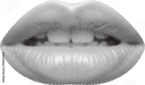 Halftone collage lip art monochromatic dotwork portrait with gradient tones and stippling technique