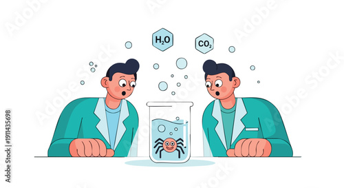 Two scientists observe a spider in a beaker with chemical formulas above.