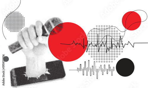 Vibrant halftone collage artwork with geometric shapes and patterns