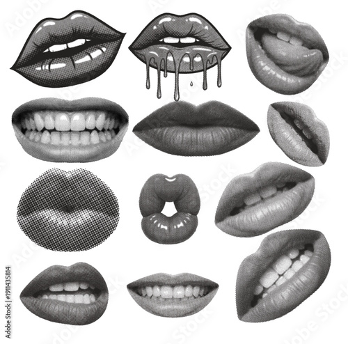 Halftone collage of diverse lips and mouths in black and white