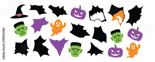 Halloween torn paper edges collection vector illustration with spooky characters ghost frankenstein and bats isolated on white background for design